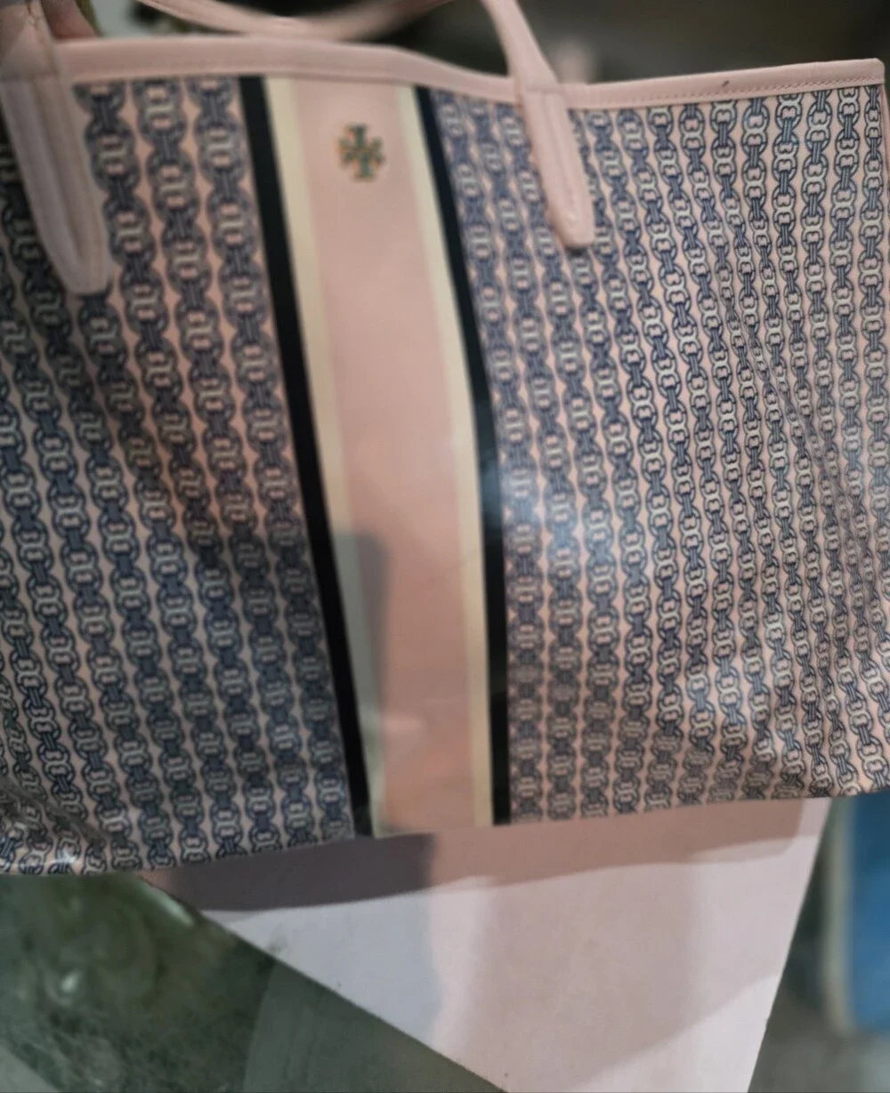 Tory Burch Pink and Navy Logo-Print  Tote